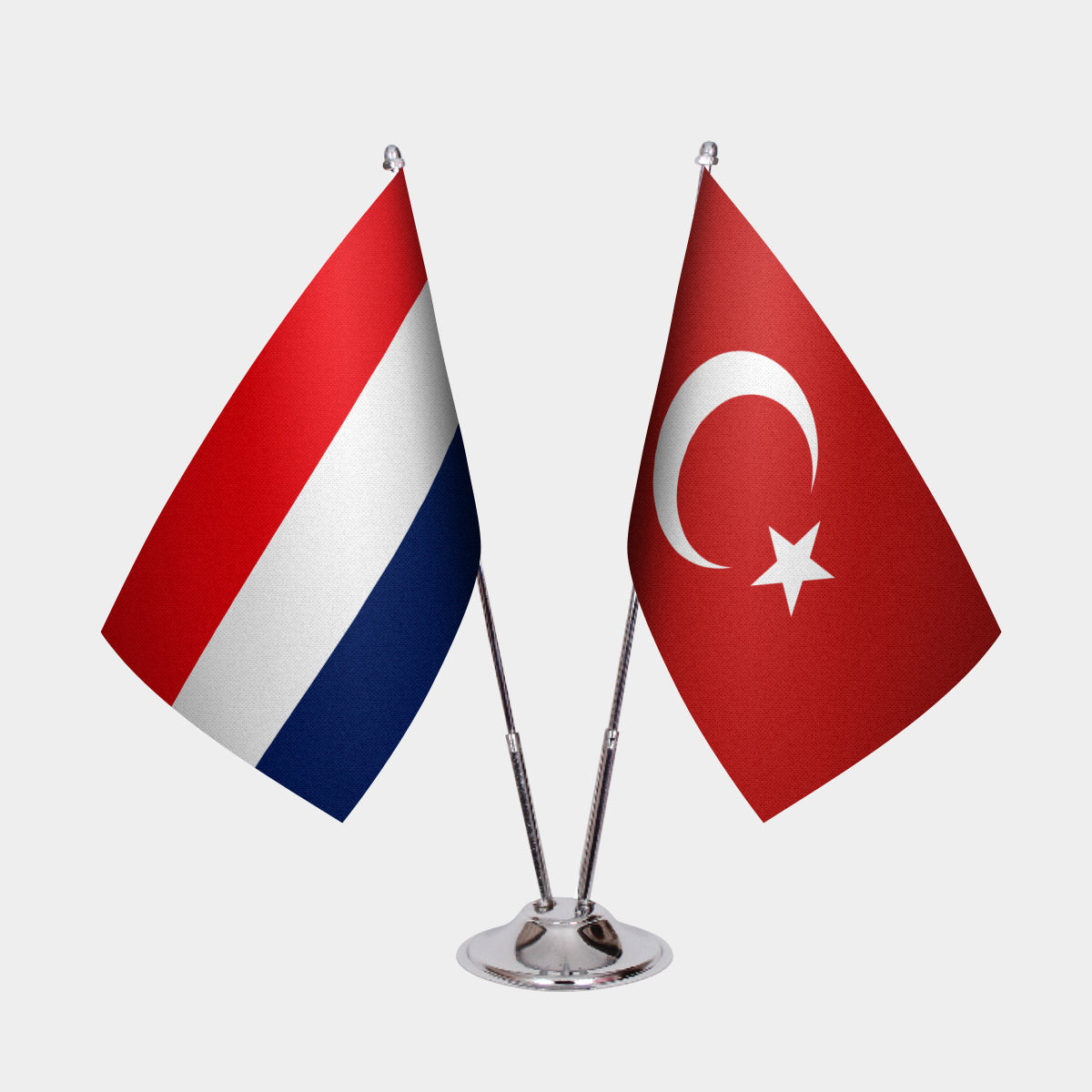 Netherlands and Turkey desk flag set with chrome pole and base