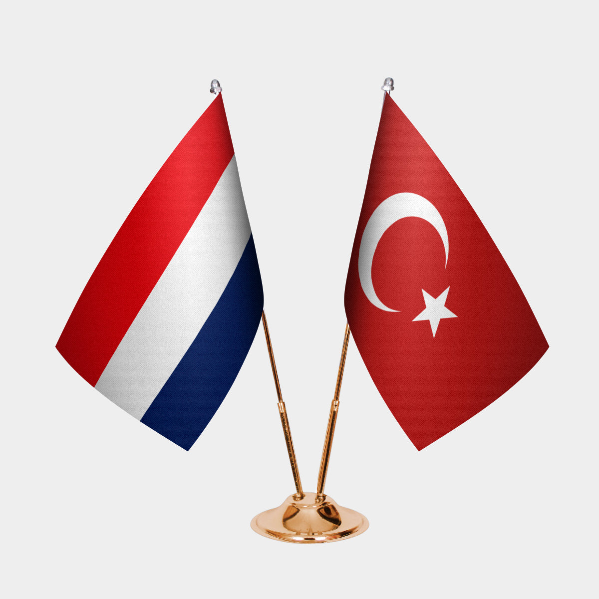 Netherlands and Turkey desk flag set with gold pole and base