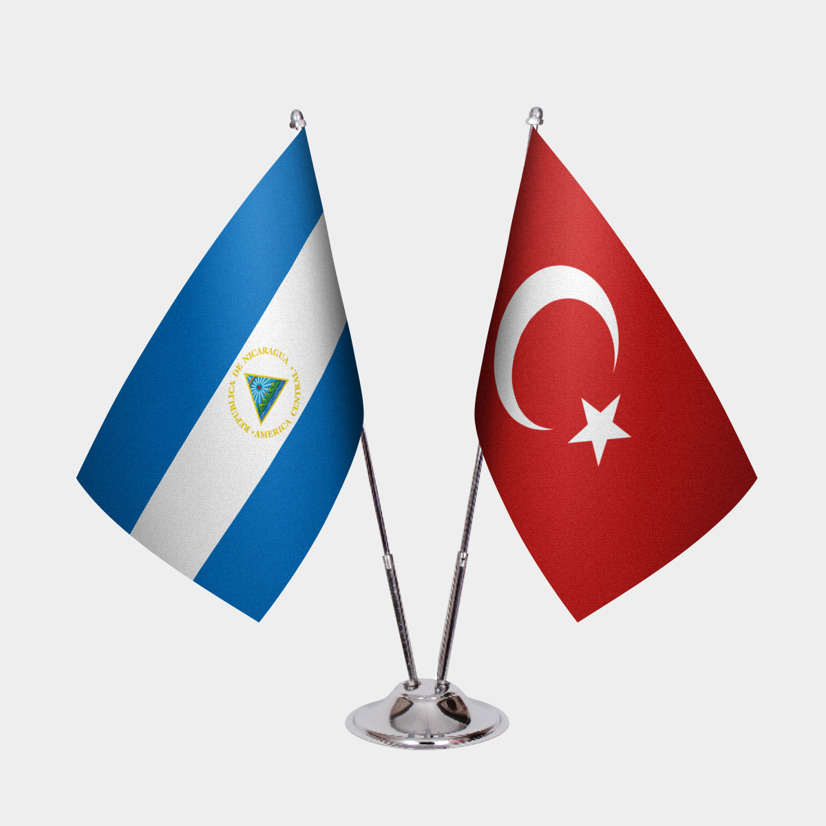 Nicaragua and Turkey desk flag set with chrome pole and base