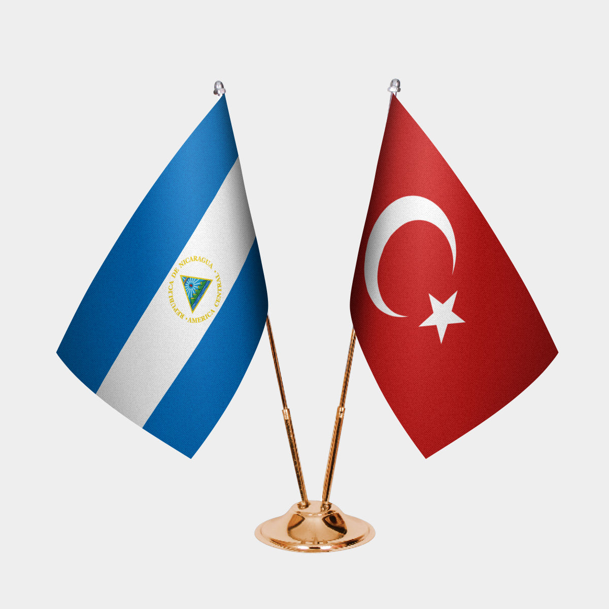 Nicaragua and Turkey desk flag set with gold pole and base