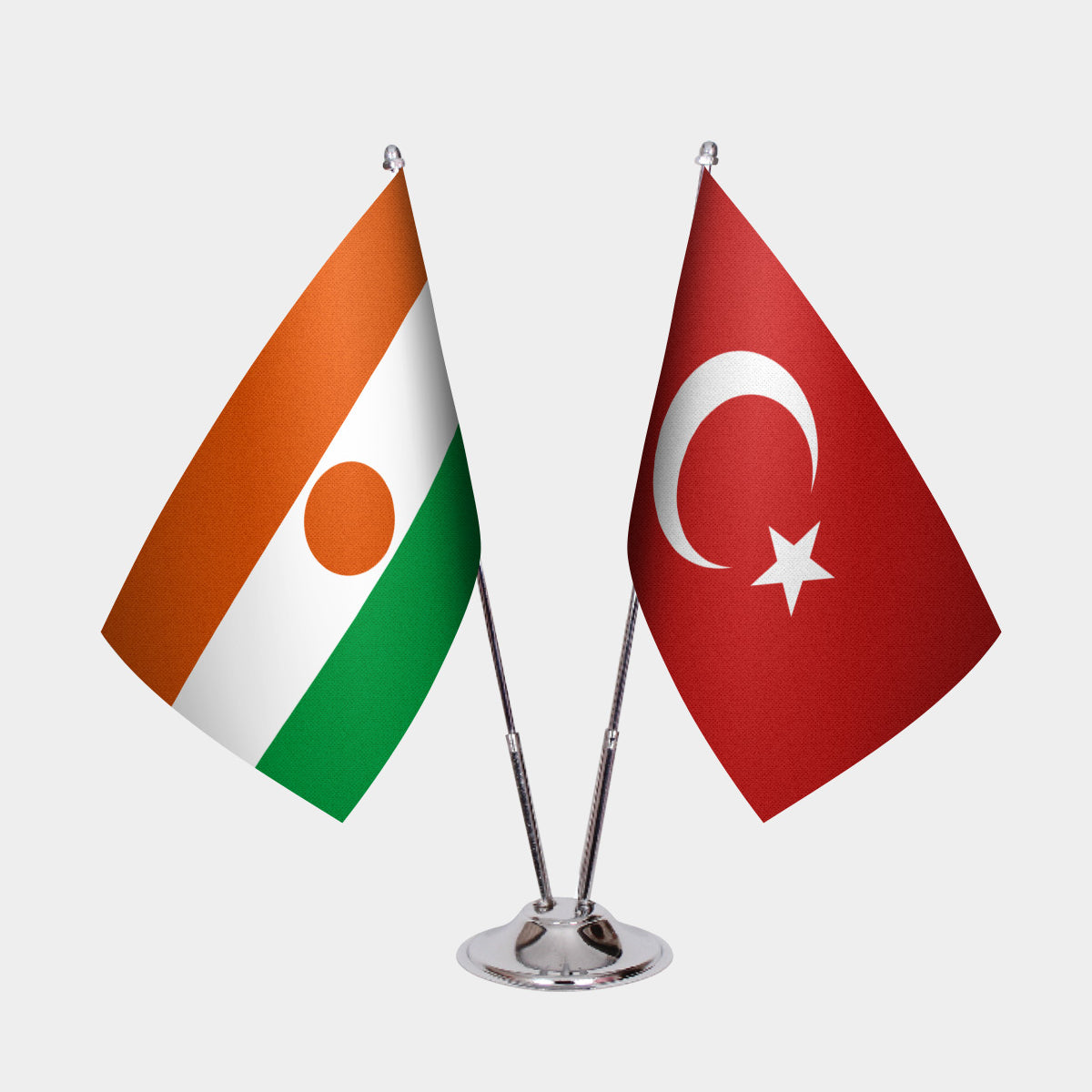 Niger and Turkey desk flag set with chrome pole and base