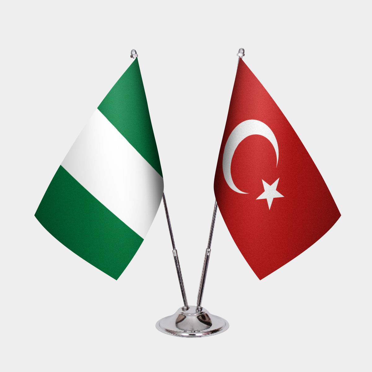 Nigeria and Turkey desk flag set with chrome pole and base