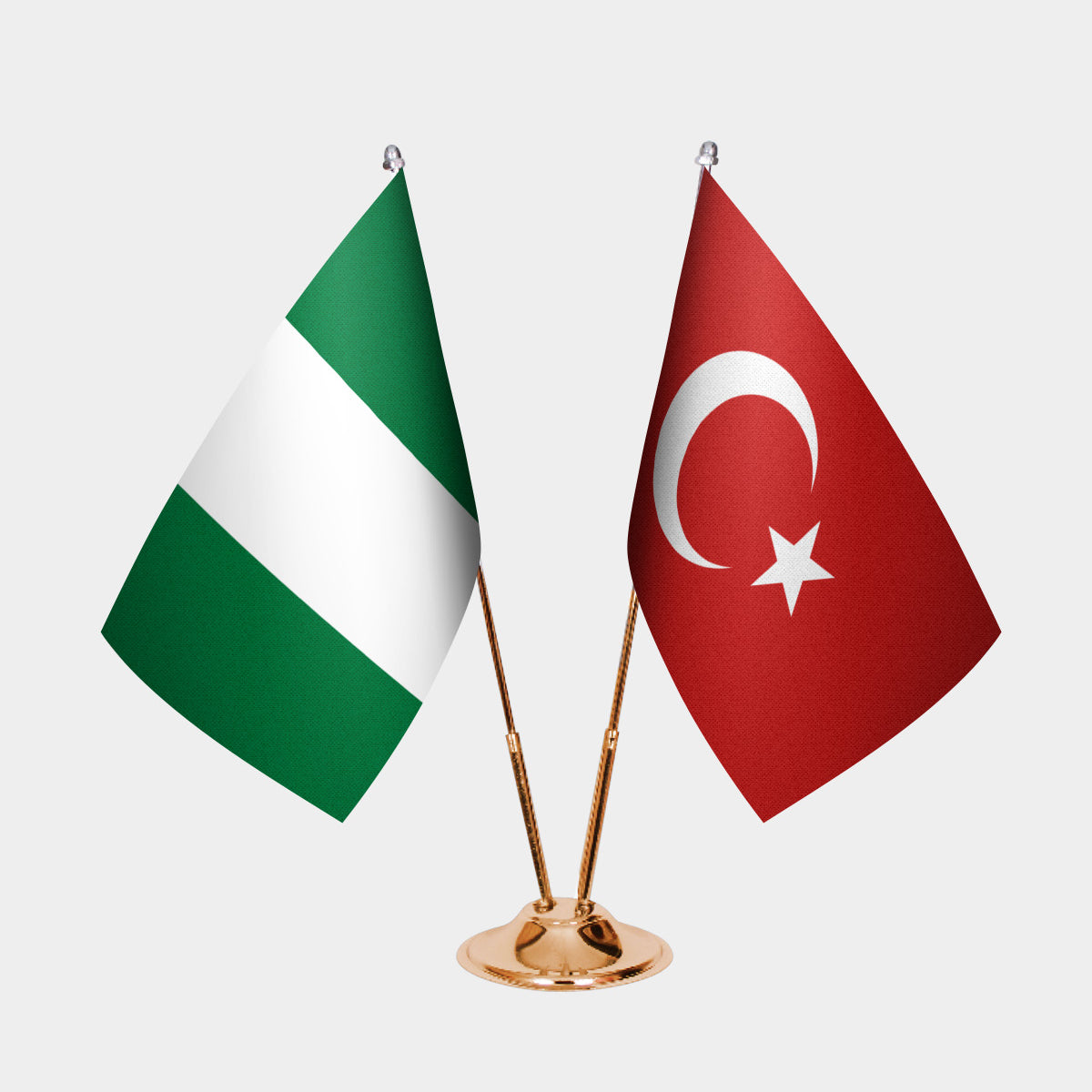 Nigeria and Turkey desk flag set with gold pole and base