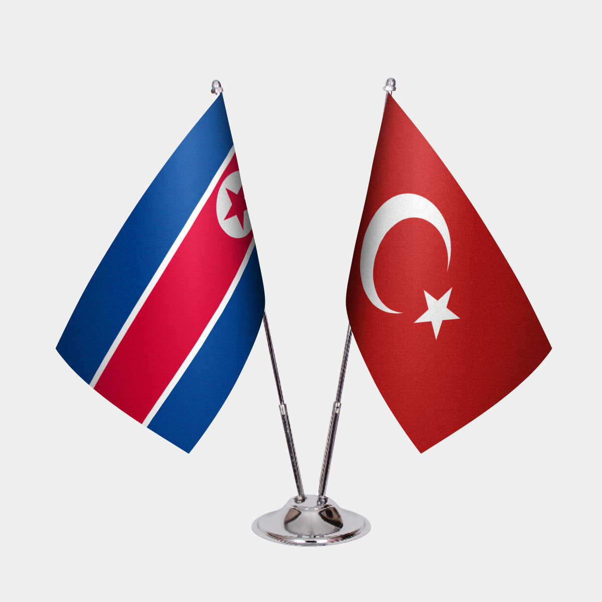North Korea and Turkey desk flag set with chrome pole and base