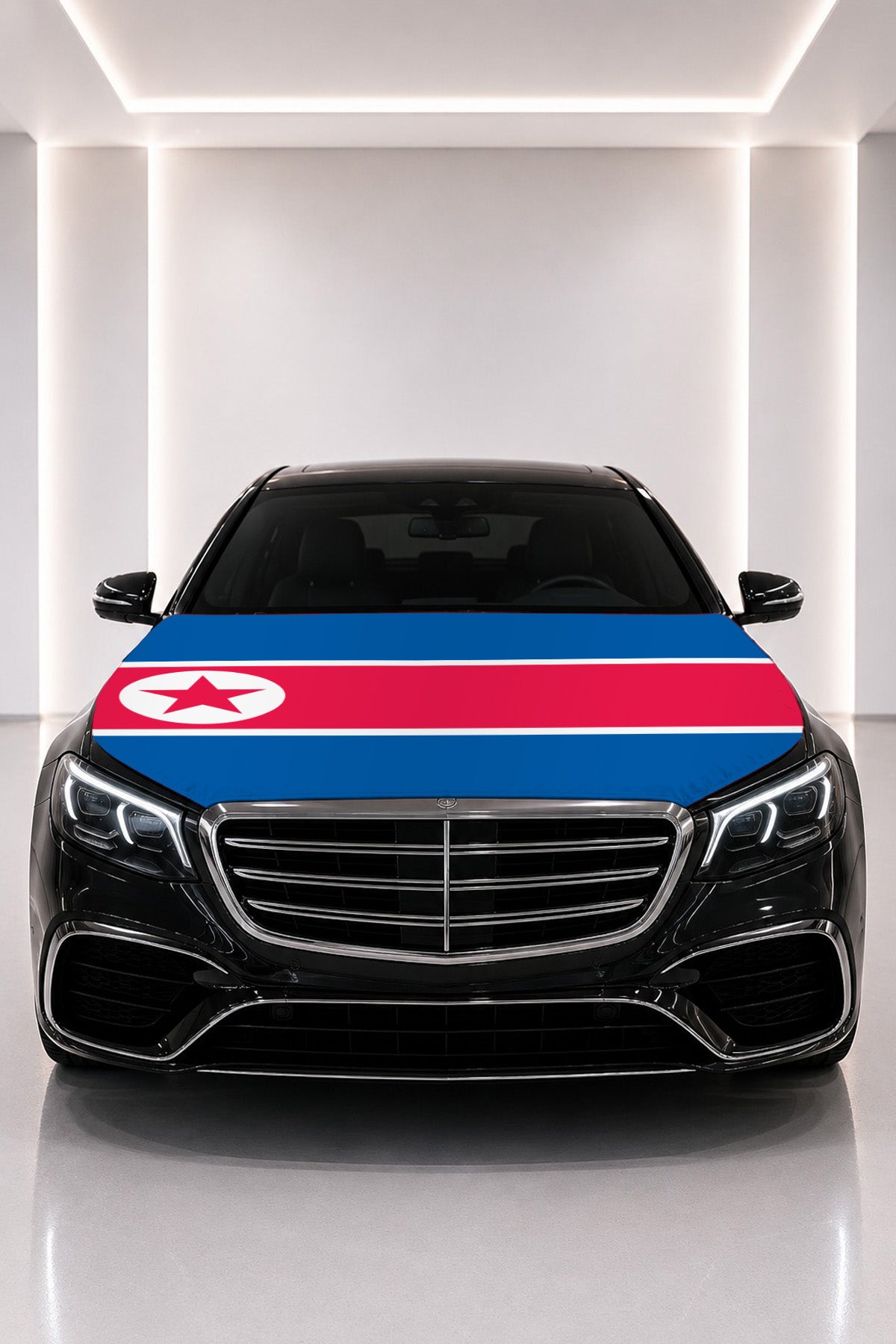 North Korea flag car hood cover fitted on a black car bonnet
