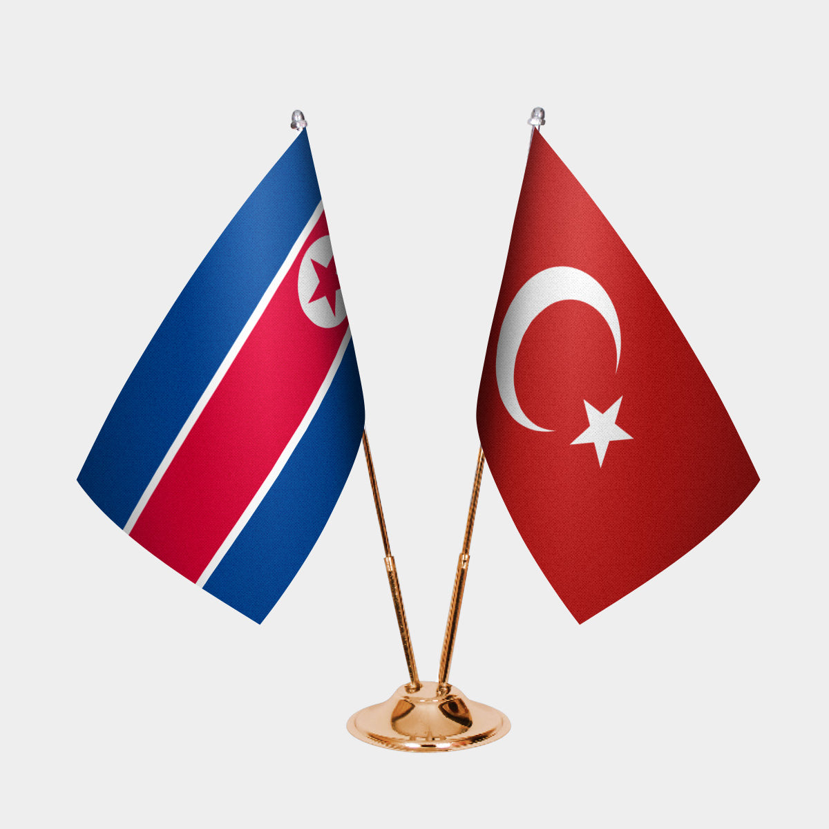 North Korea and Turkey desk flag set with gold pole and base