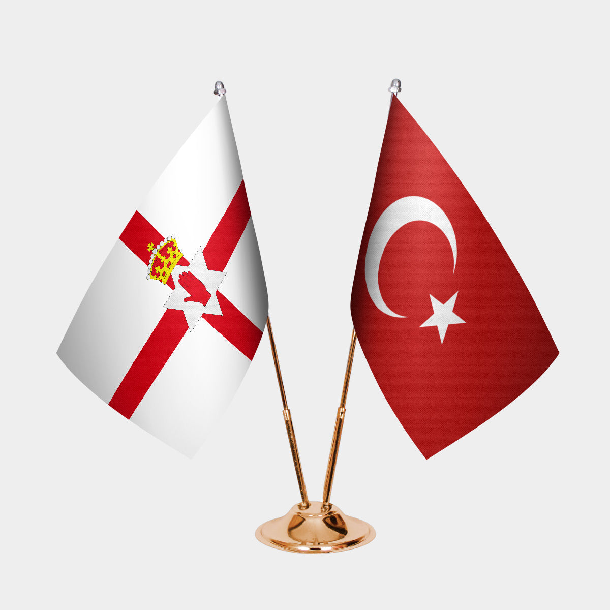 Northern Ireland and Turkey desk flag set with gold pole and base