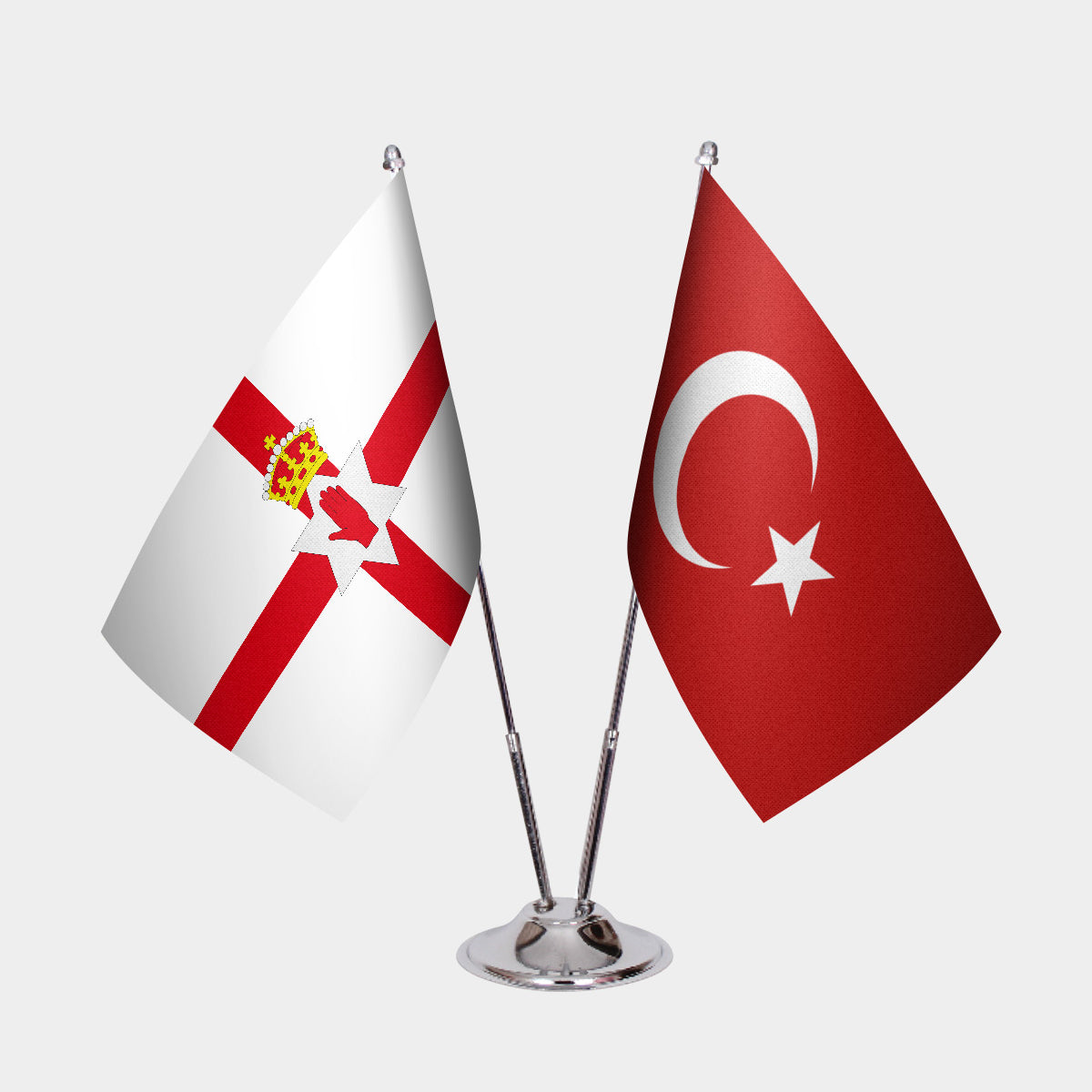 Northern Ireland and Turkey desk flag set with chrome pole and base