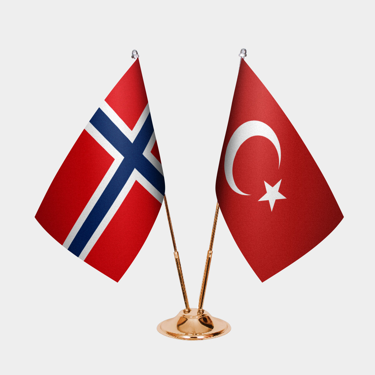 Norway and Turkey desk flag set with gold pole and base