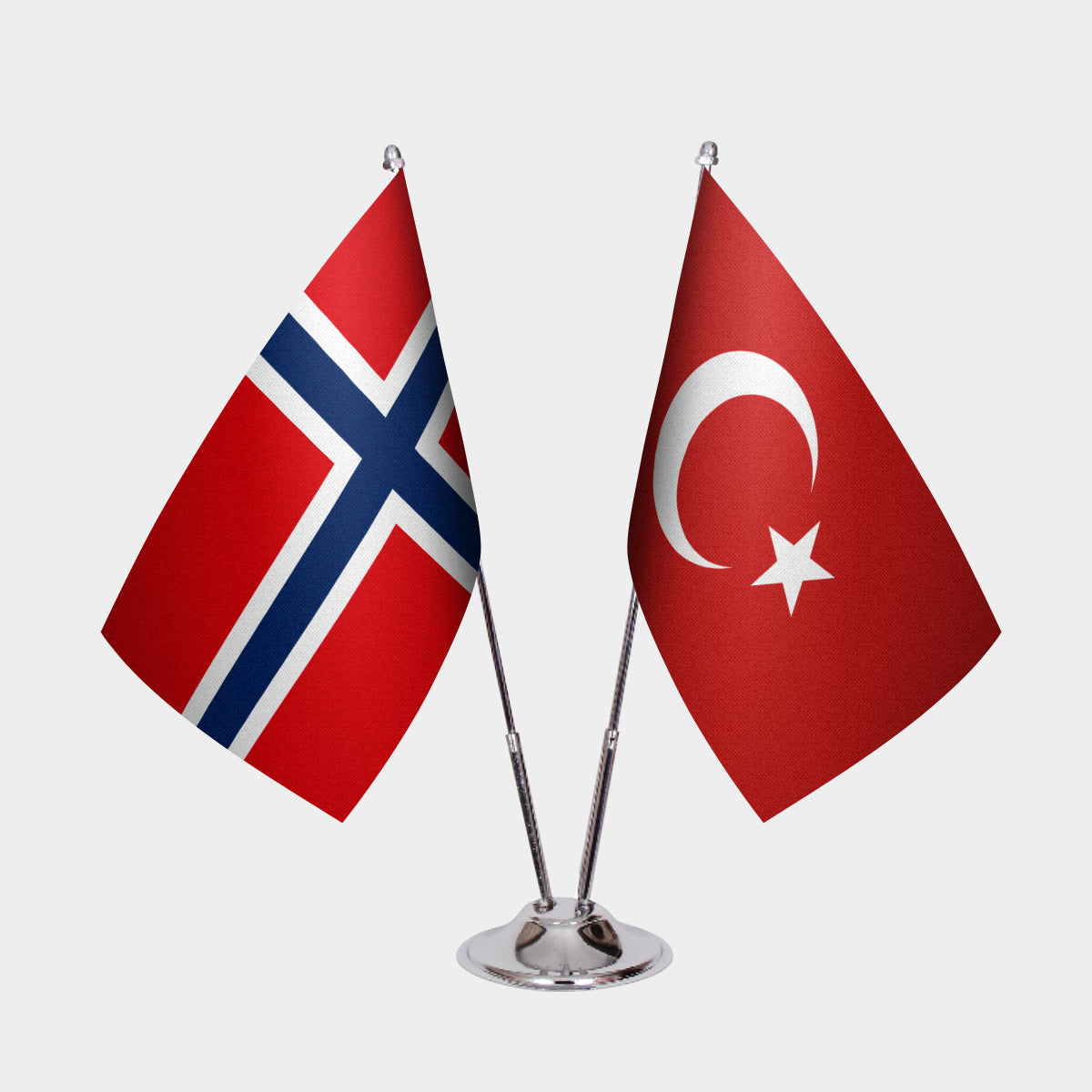 Norway and Turkey desk flag set with chrome pole and base