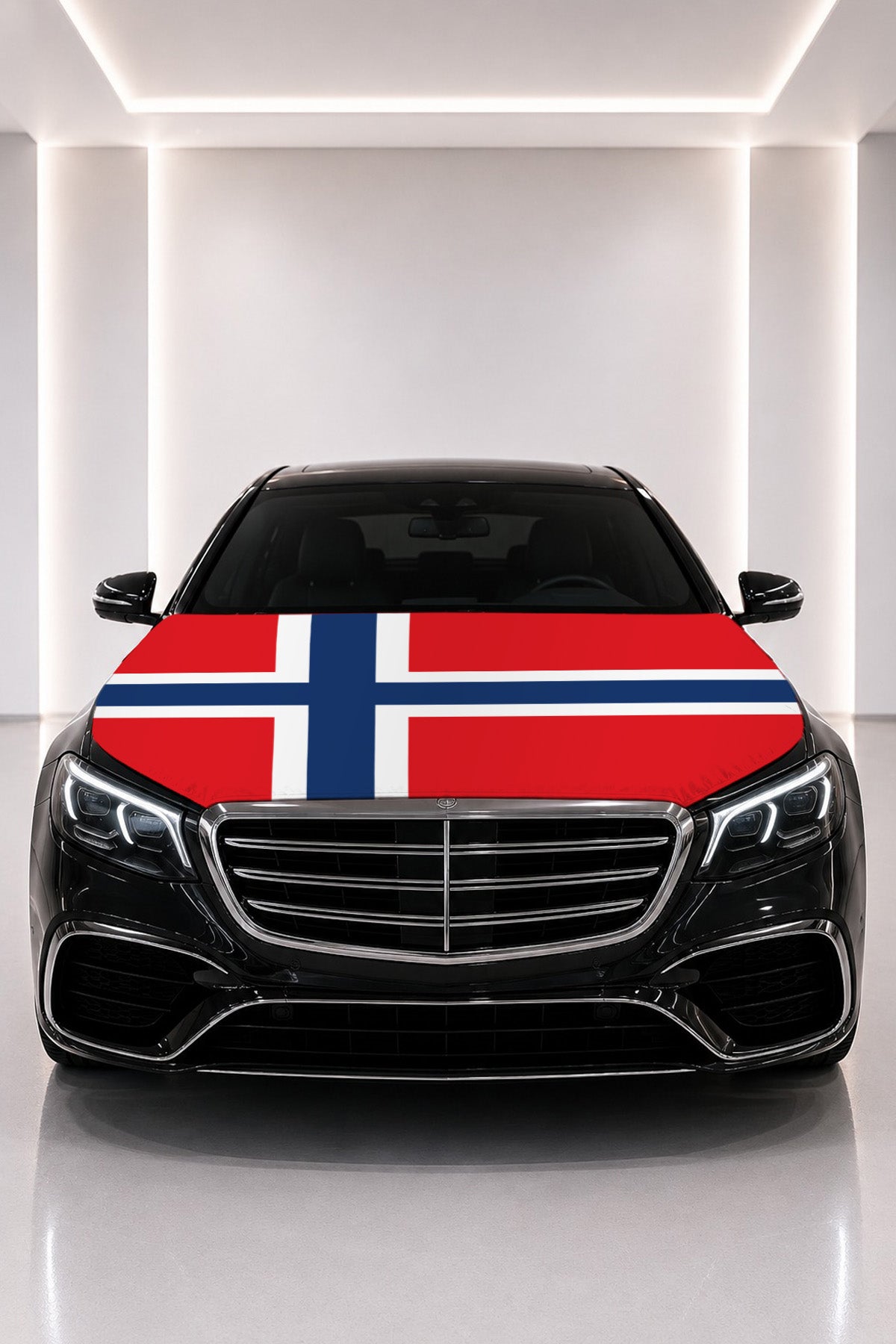 Norway flag car hood cover fitted on a black car bonnet