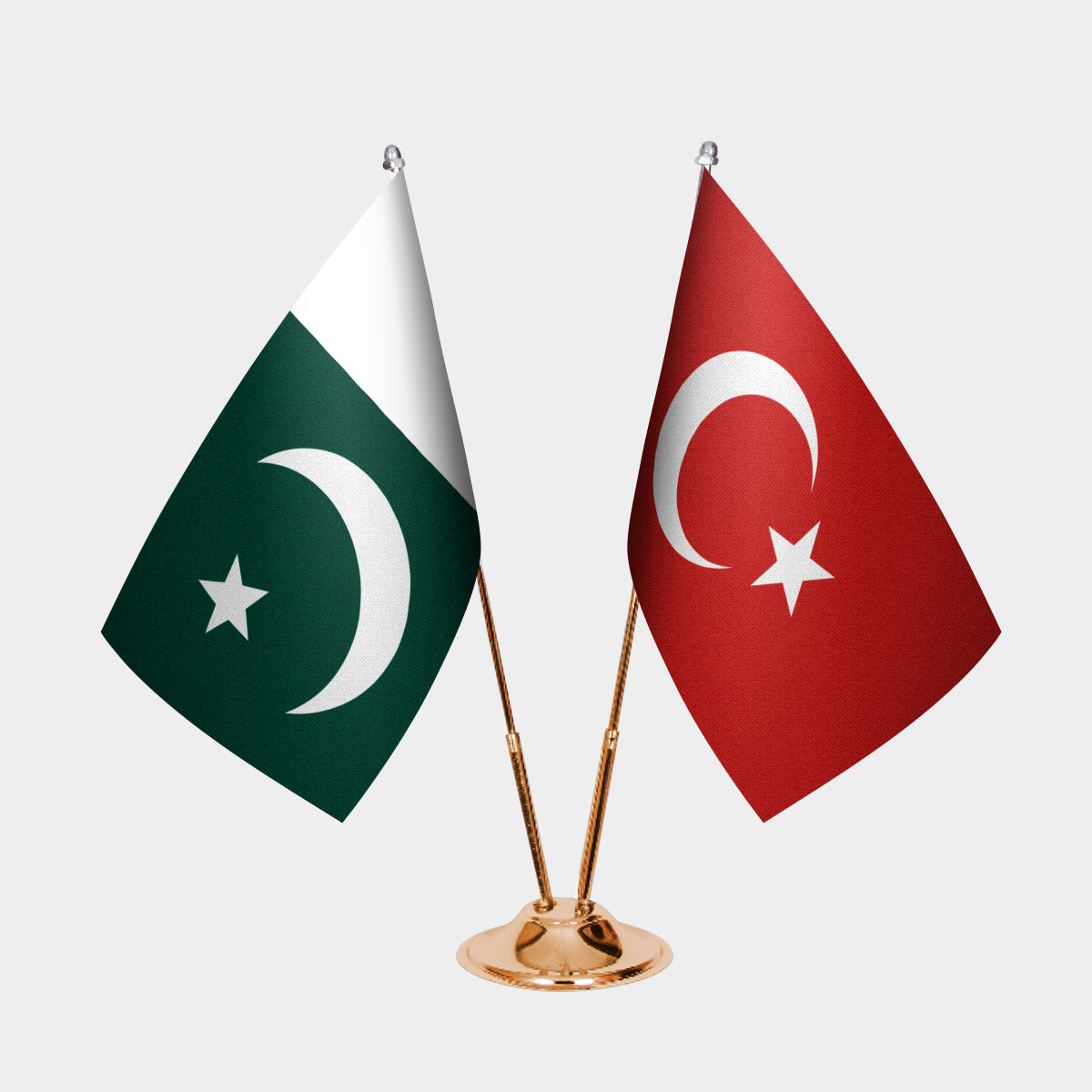 Pakistan and Turkey desk flag set with gold pole and base