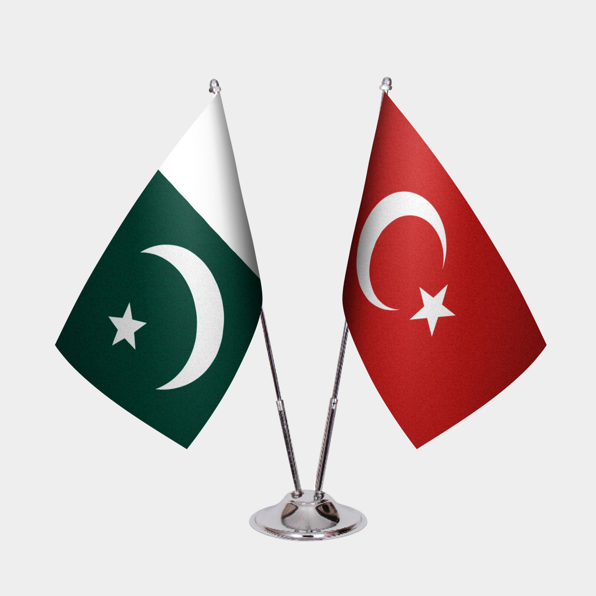 Pakistan and Turkey desk flag set with chrome pole and base