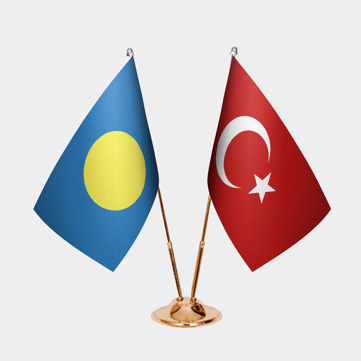 Palau and Turkey desk flag set with gold pole and base