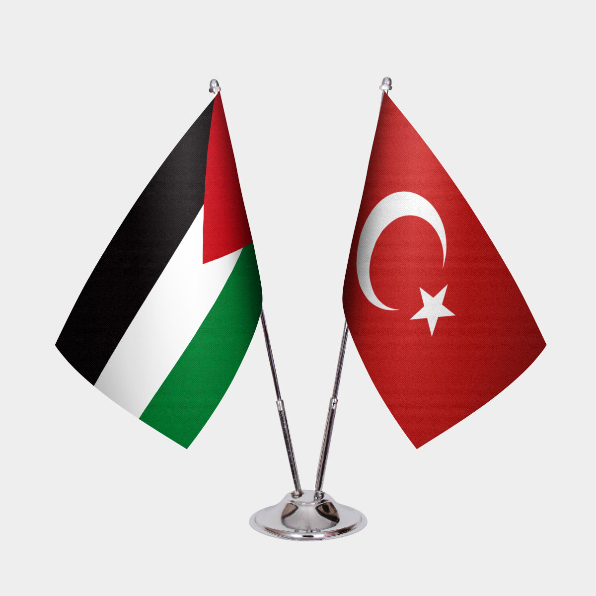 Palestine and Turkey desk flag set with chrome pole and base
