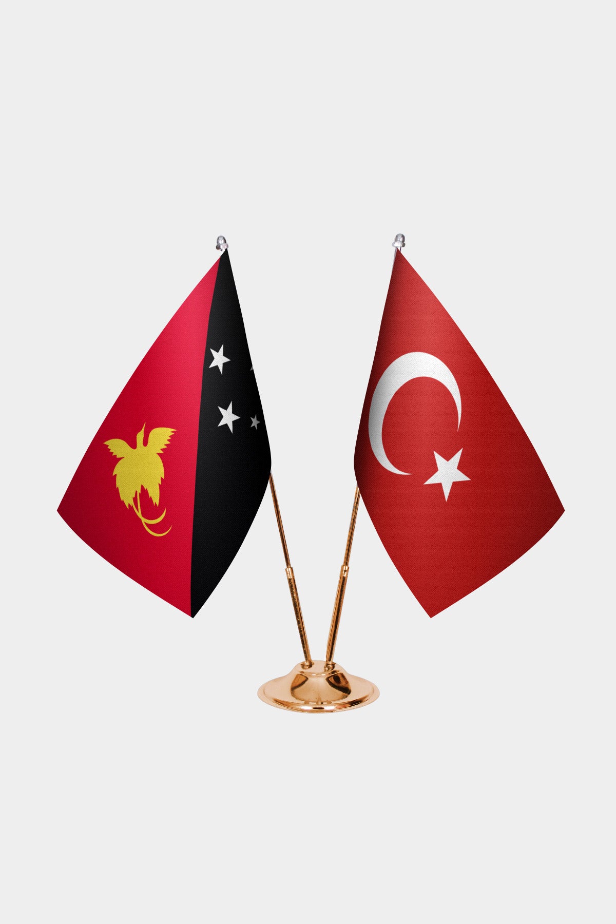 Papua New Guinea and Turkey desk flag set with gold pole and base
