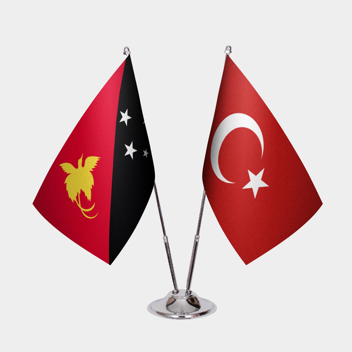 Papua New Guinea and Turkey desk flag set with chrome pole and base