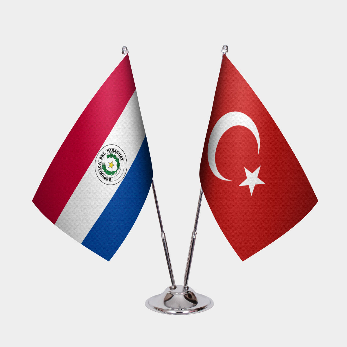 Paraguay and Turkey desk flag set with chrome pole and base