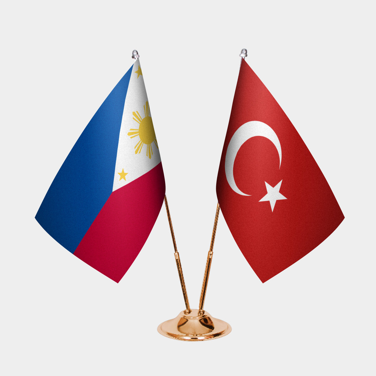 Philippines and Turkey desk flag set with gold pole and base