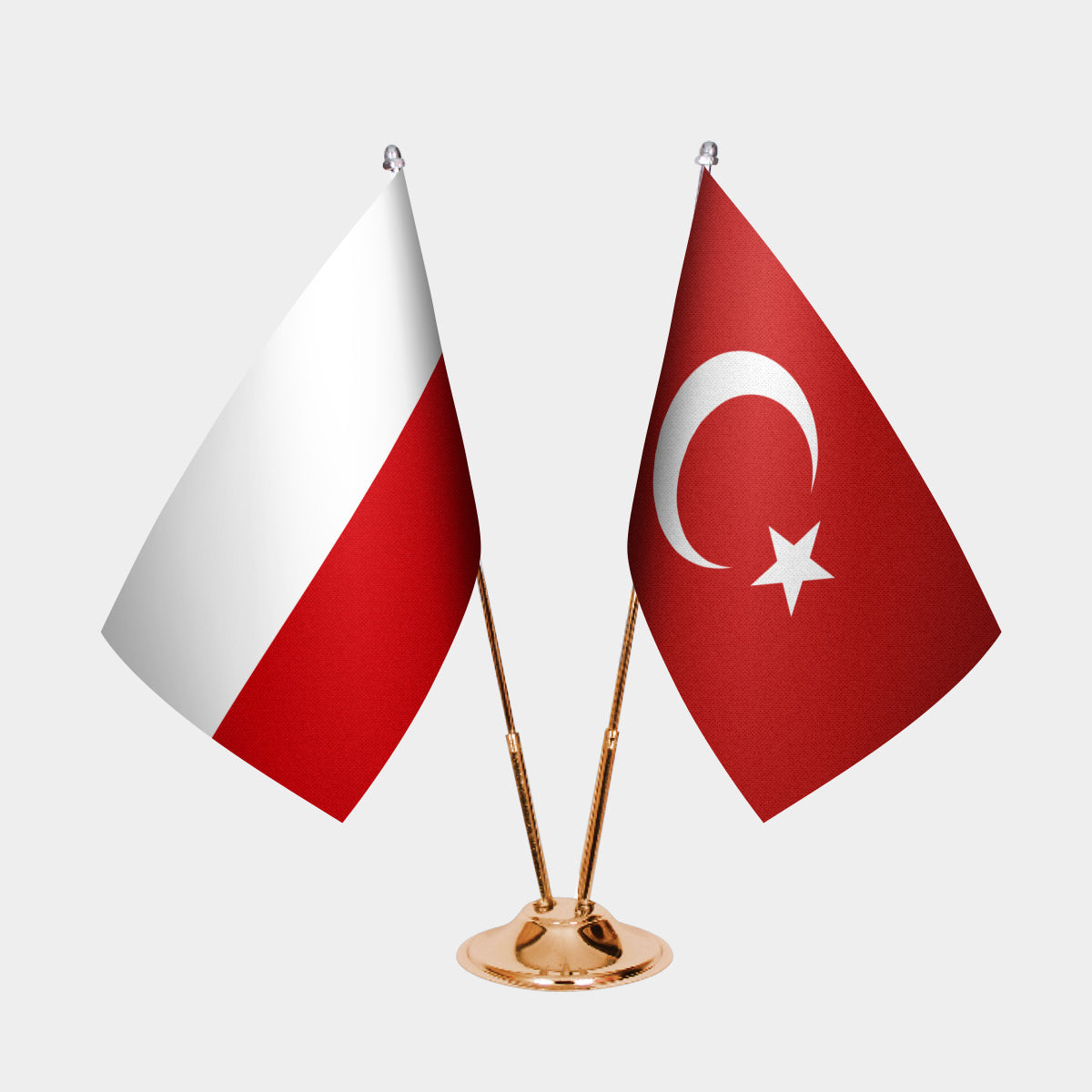Poland and Turkey desk flag set with gold pole and base