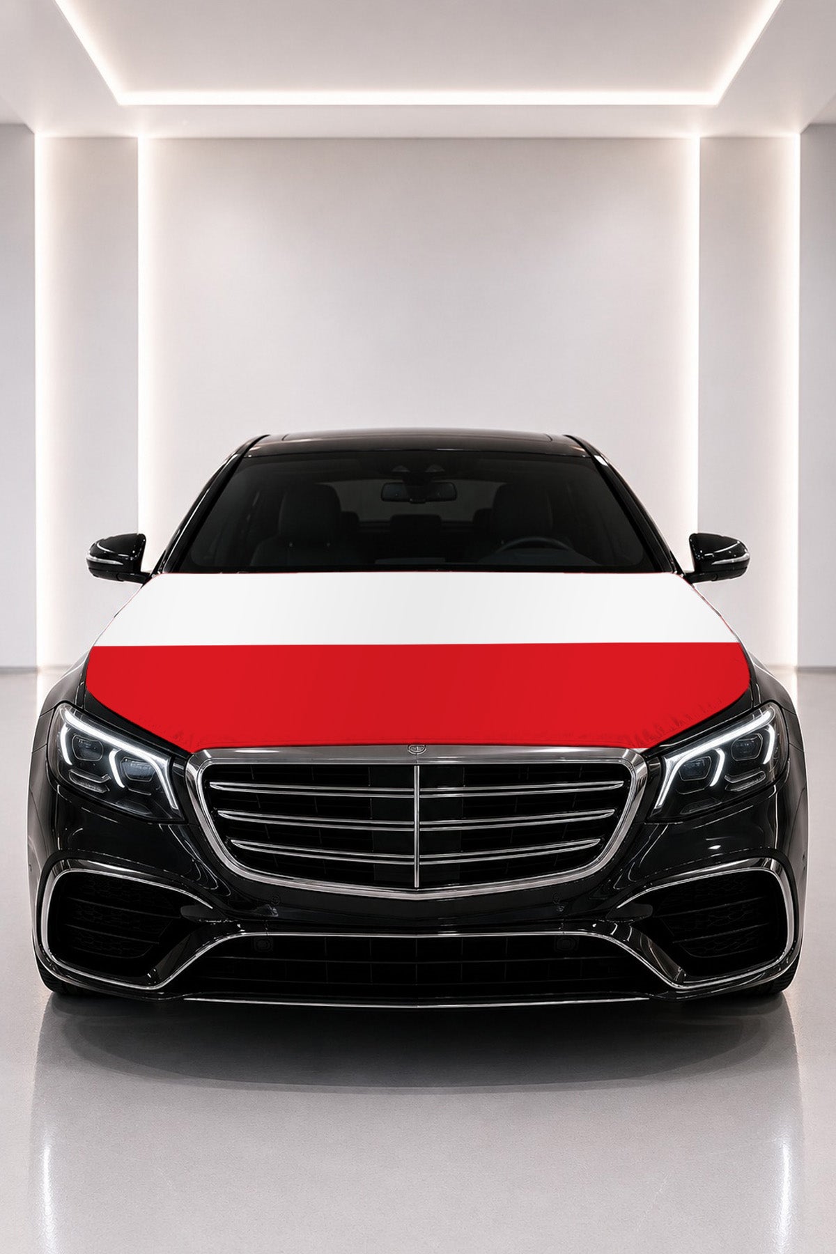 Poland flag car hood cover fitted on a black car bonnet