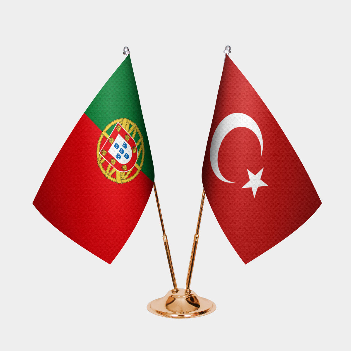 Portugal and Turkey desk flag set with gold pole and base