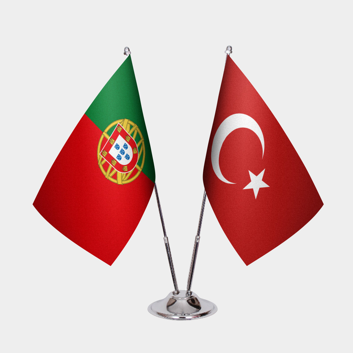 Portugal and Turkey desk flag set with chrome pole and base
