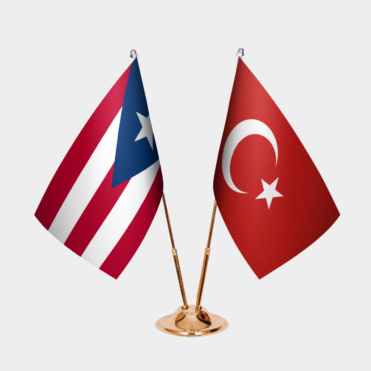 Puerto Rico and Turkey desk flag set with gold pole and base
