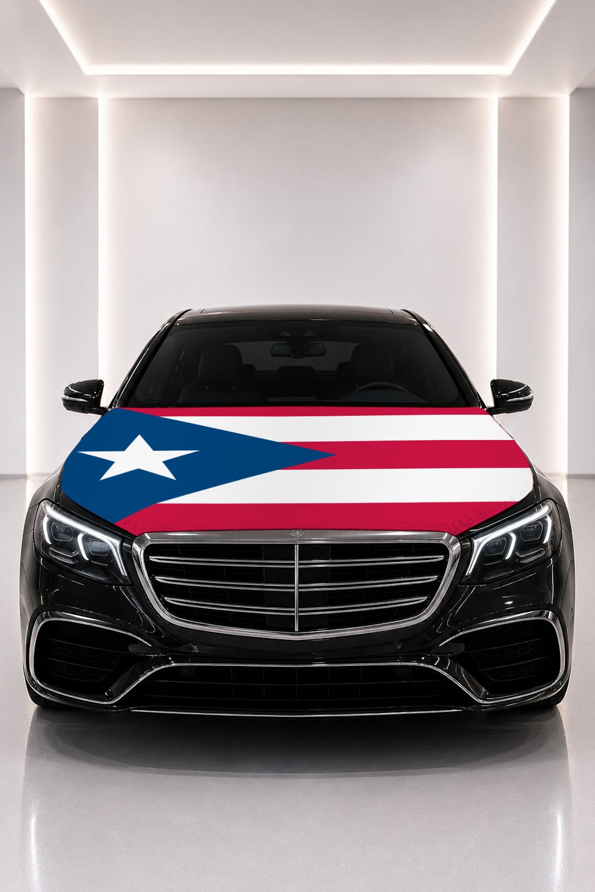 Puerto Rico flag car hood cover fitted on a black car bonnet