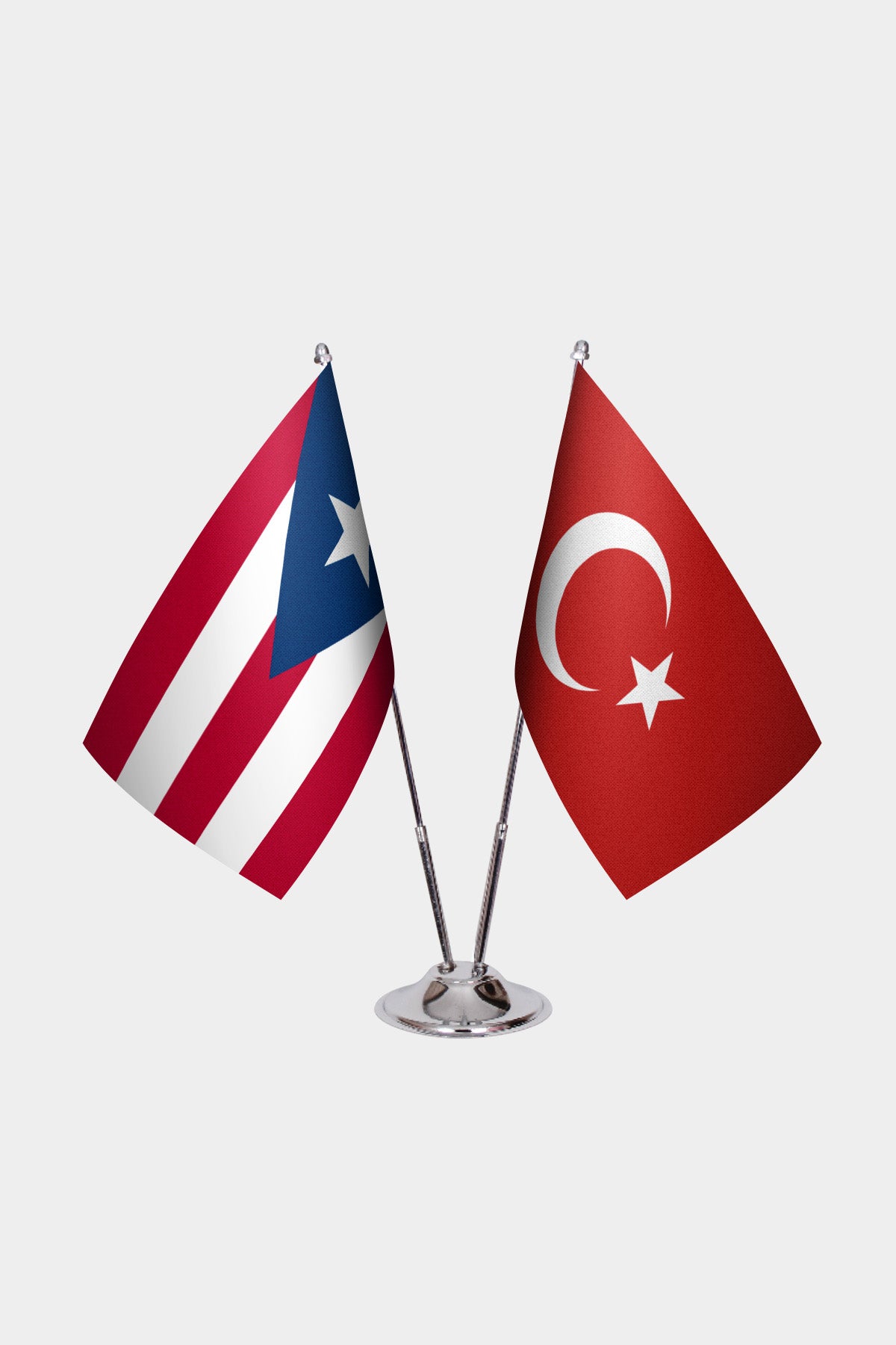 Puerto Rico and Turkey desk flag set with chrome pole and base