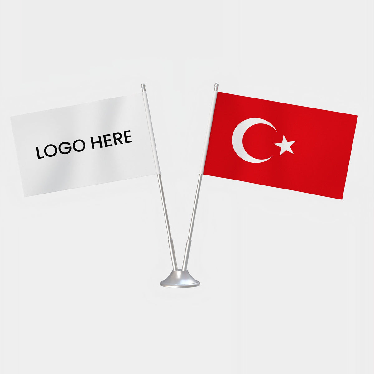 Logo Baskılı Türk Masa Bayrağı Seti — krom direkli set, logo alanı örneği