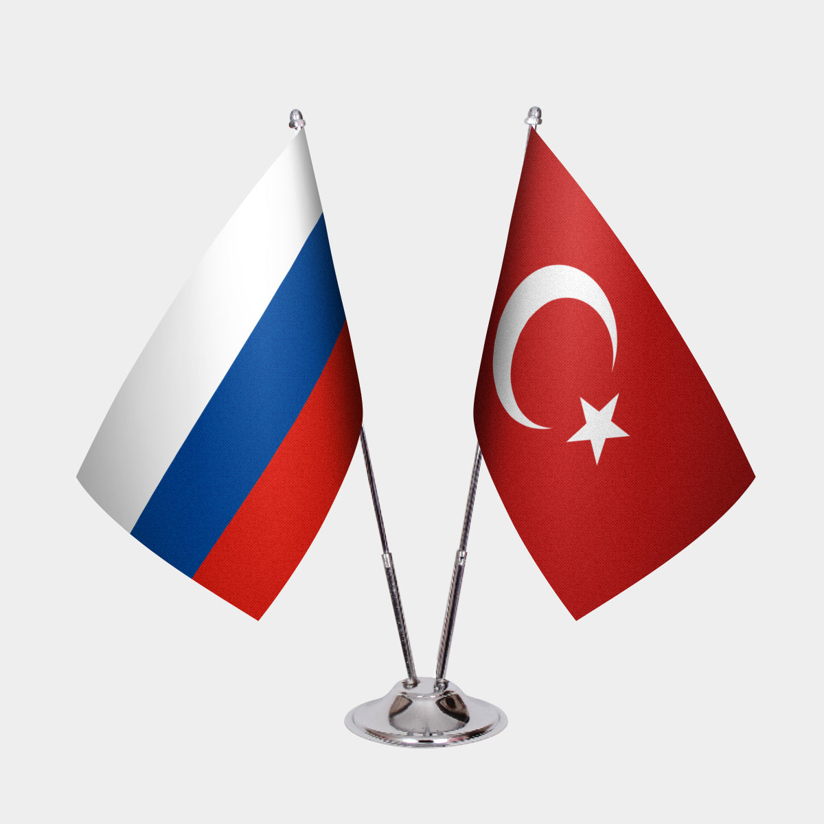 Russia and Turkey desk flag set with chrome pole and base