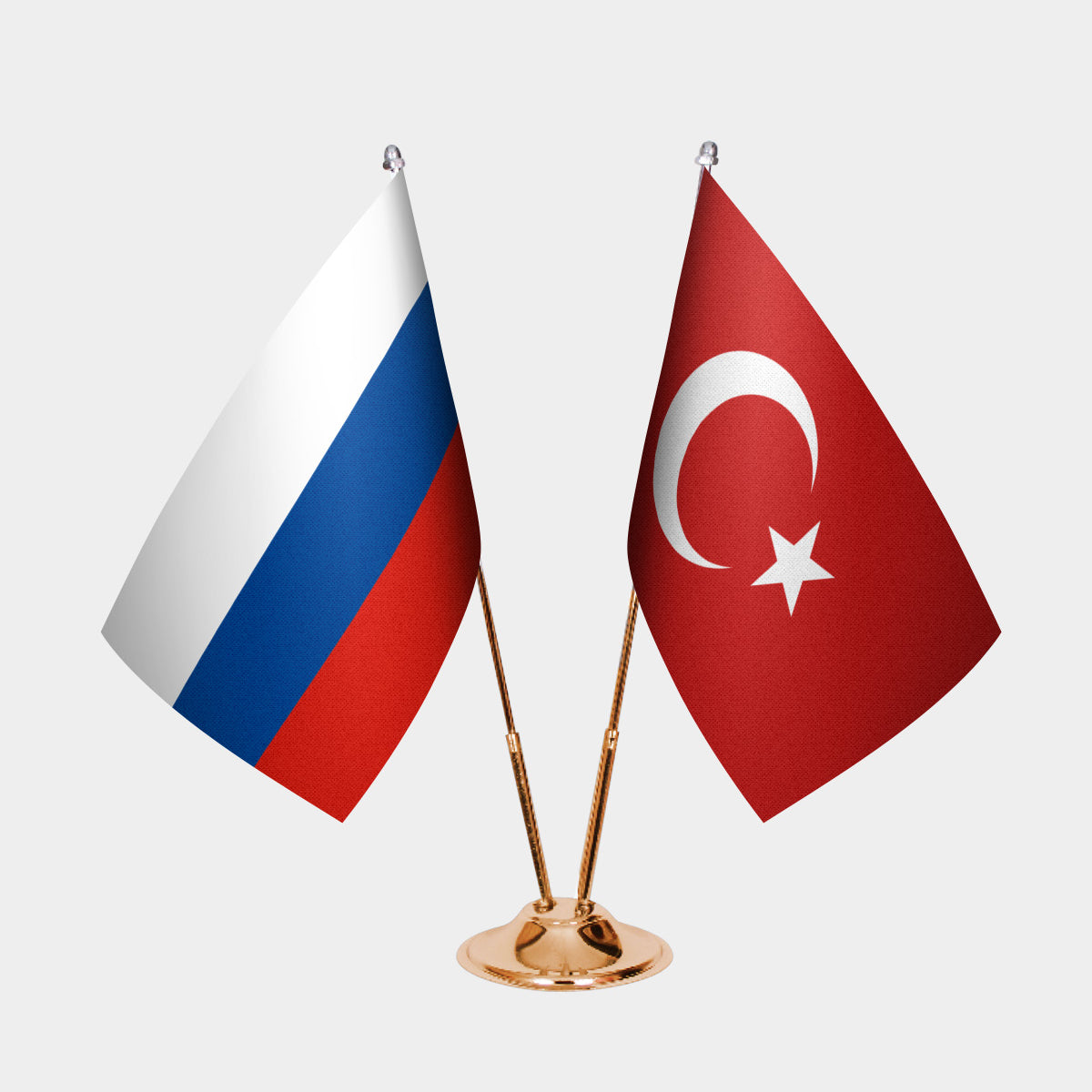 Russia and Turkey desk flag set with gold pole and base