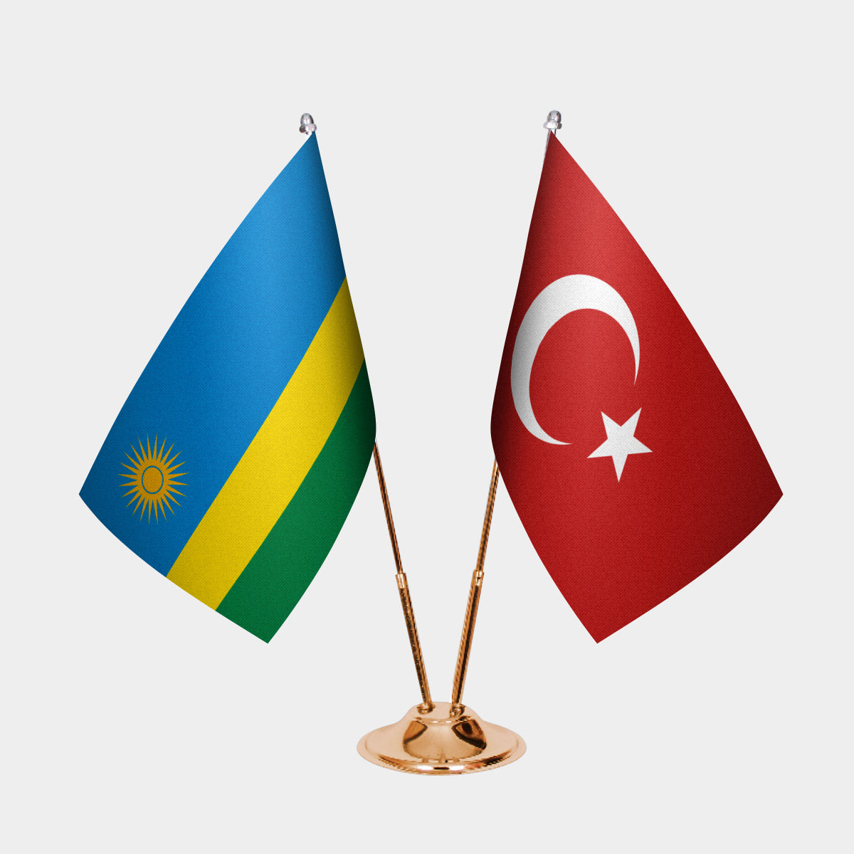 Rwanda and Turkey desk flag set with gold pole and base