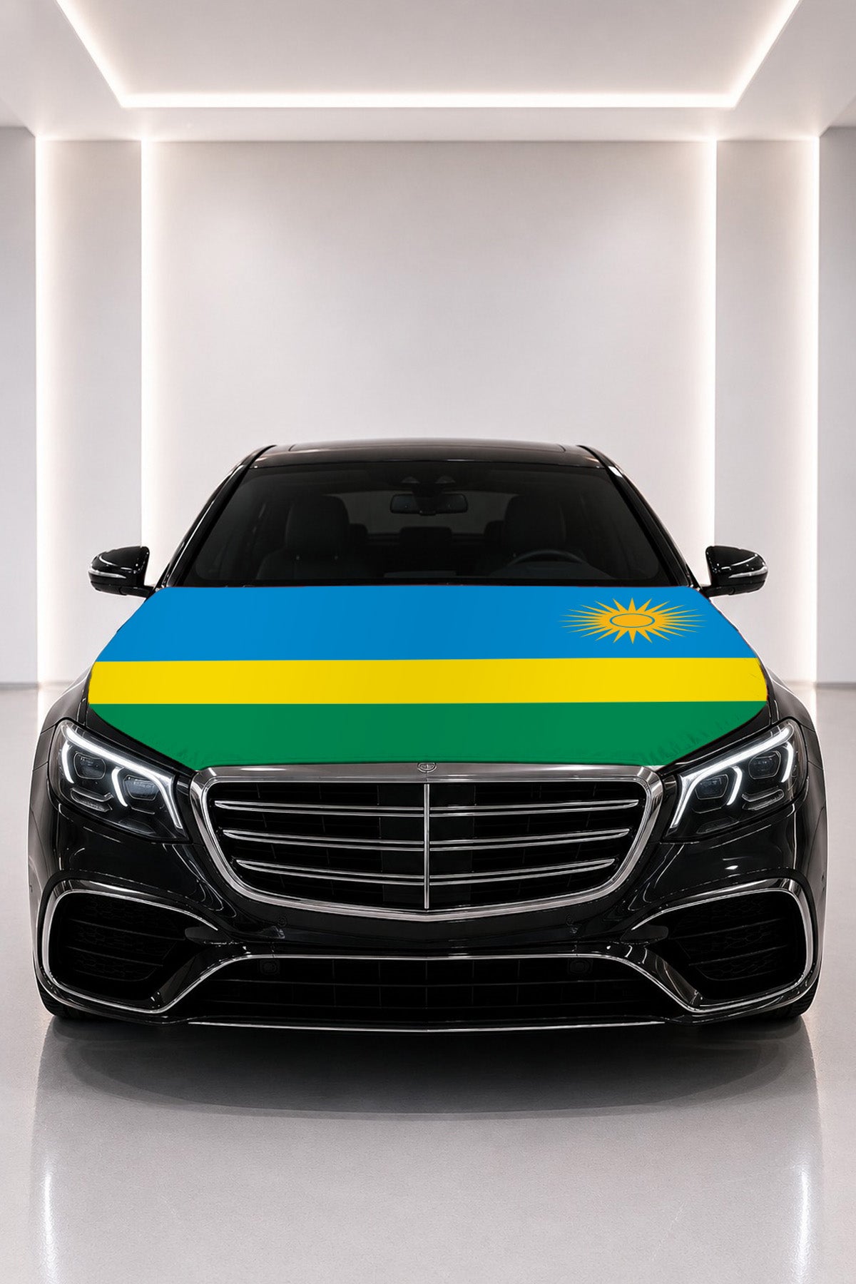 Rwanda flag car hood cover fitted on a black car bonnet