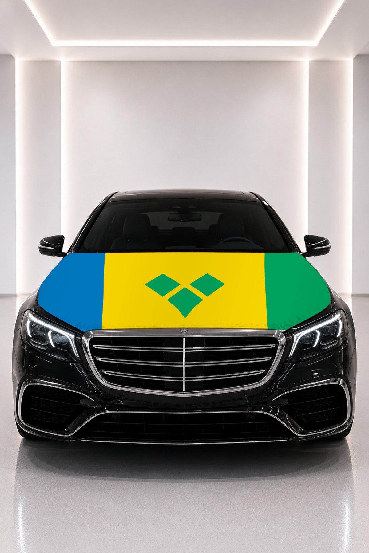 Saint Vincent and the Grenadines flag car hood cover fitted on a black car bonnet
