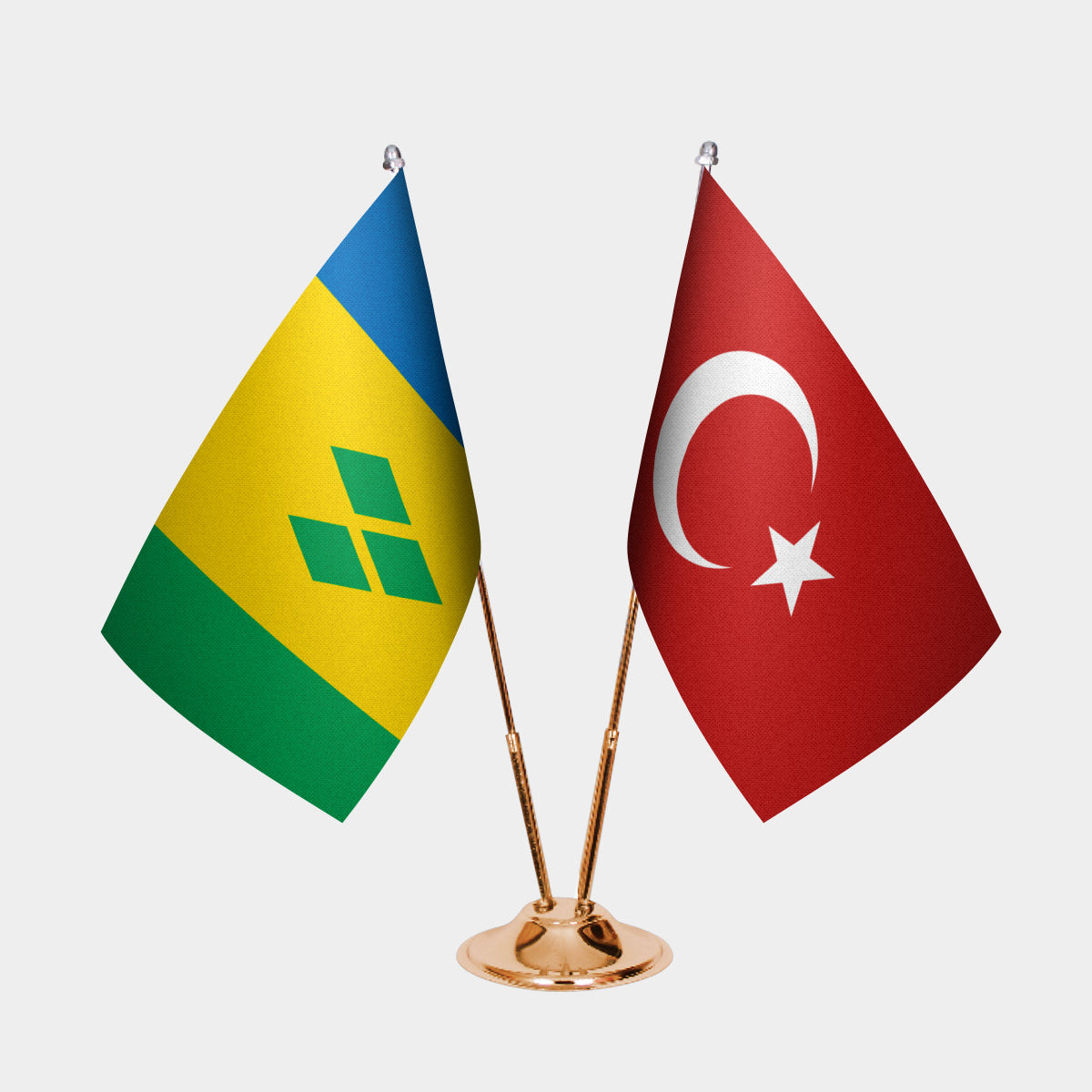 St. Vincent & Grenadines and Turkey desk flag set with gold pole and base