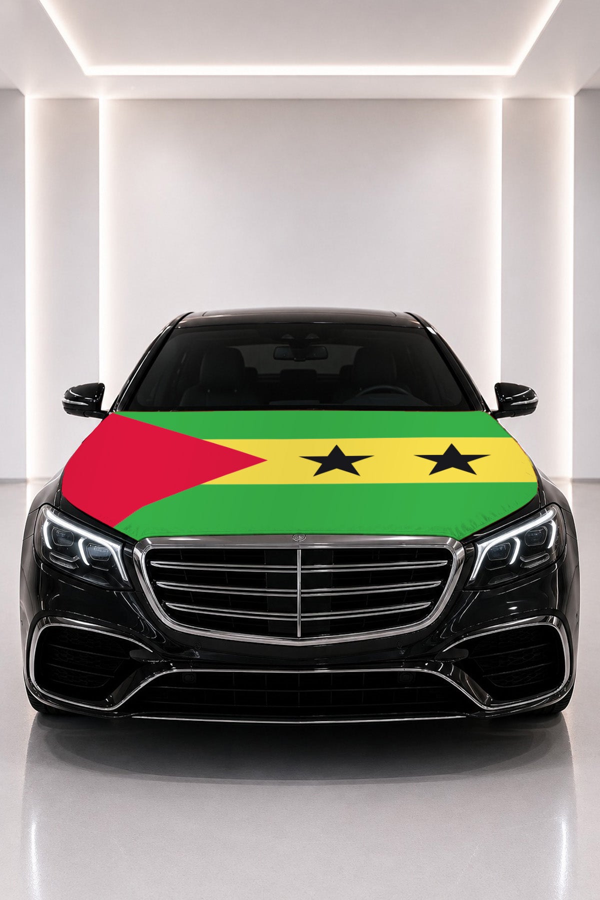 Sao Tome and Principe flag car hood cover fitted on a black car bonnet