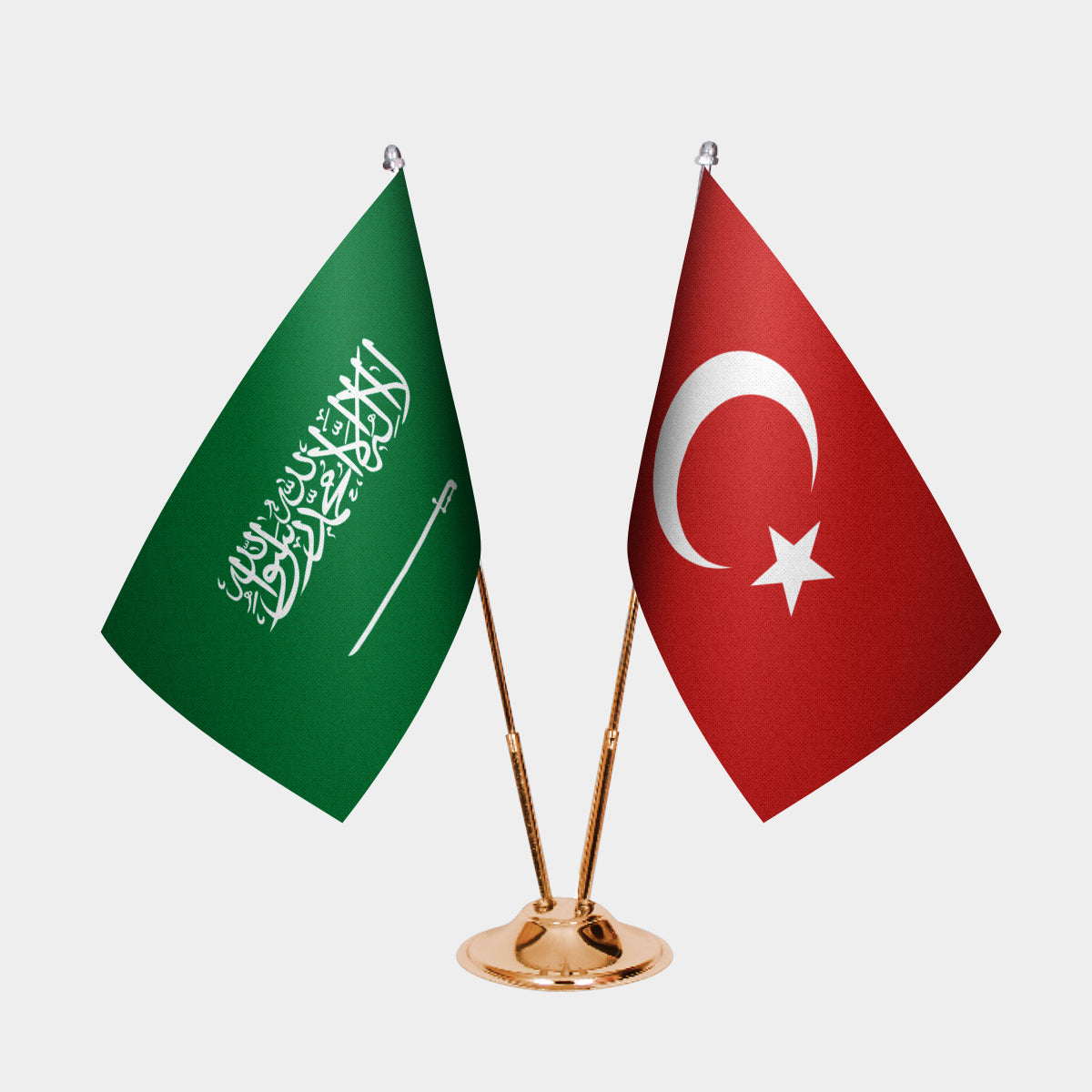 Saudi Arabia and Turkey desk flag set with gold pole and base