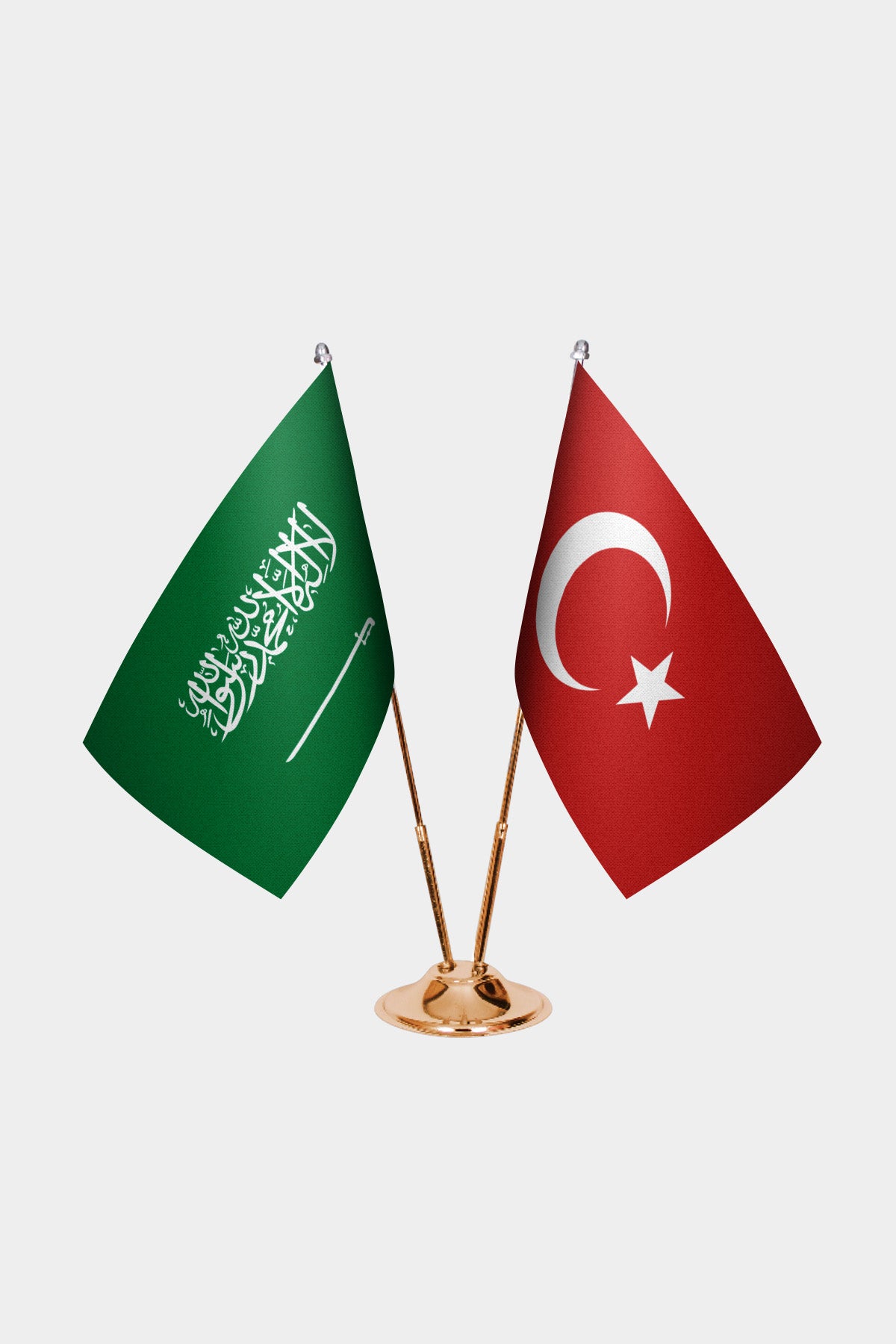 Saudi Arabia and Turkey desk flag set with gold pole and base