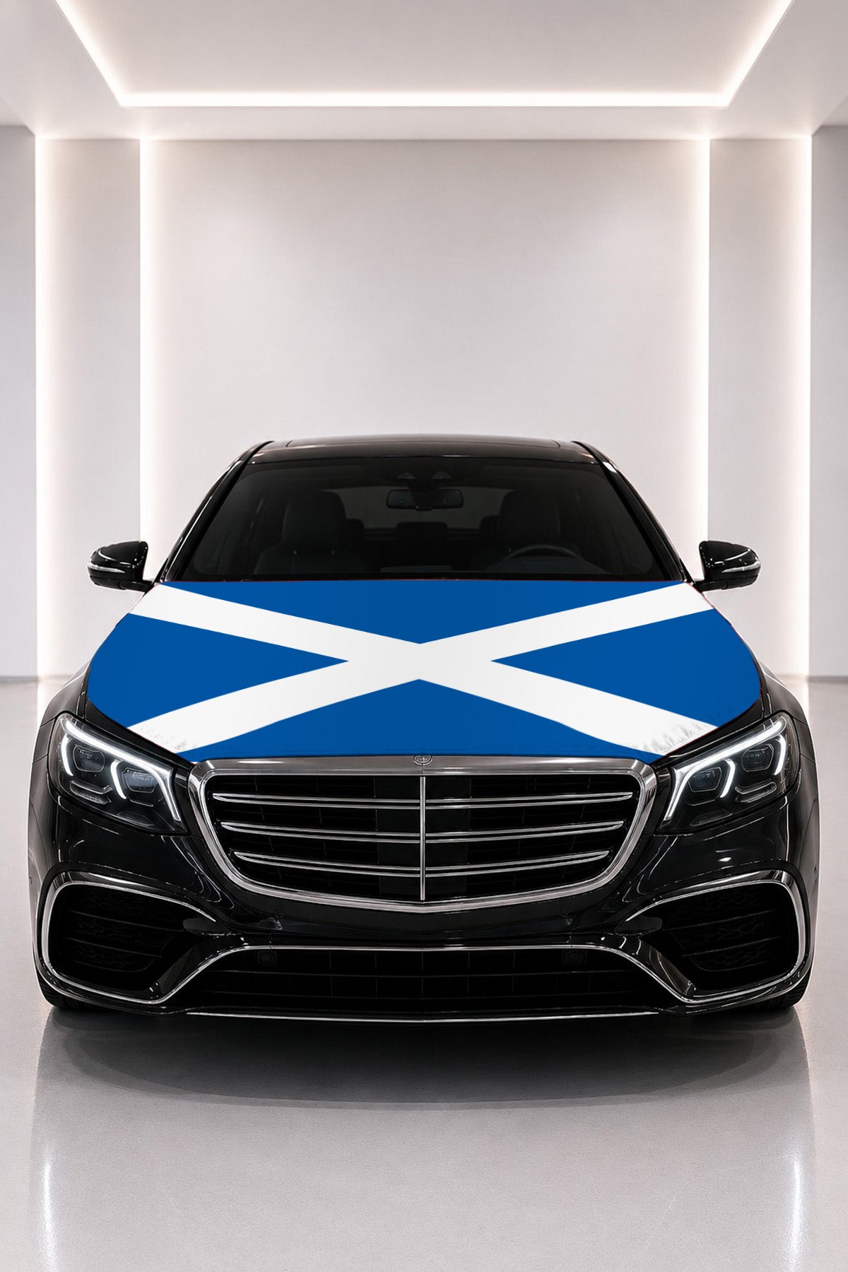 Scotland flag car hood cover fitted on a black car bonnet