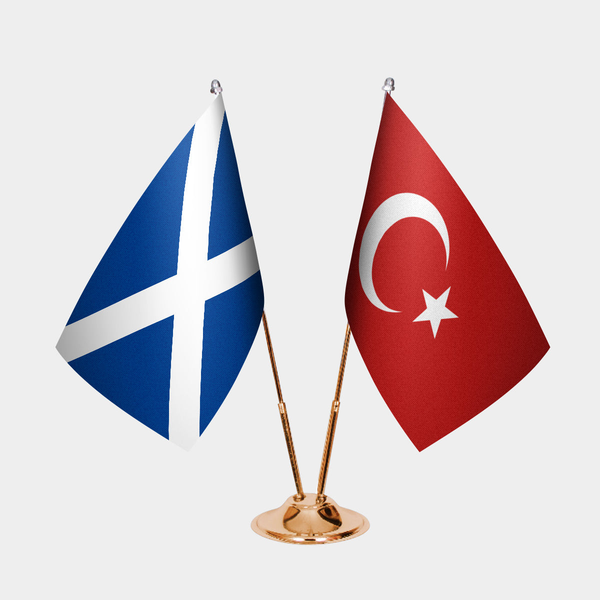 Scotland and Turkey desk flag set with gold pole and base