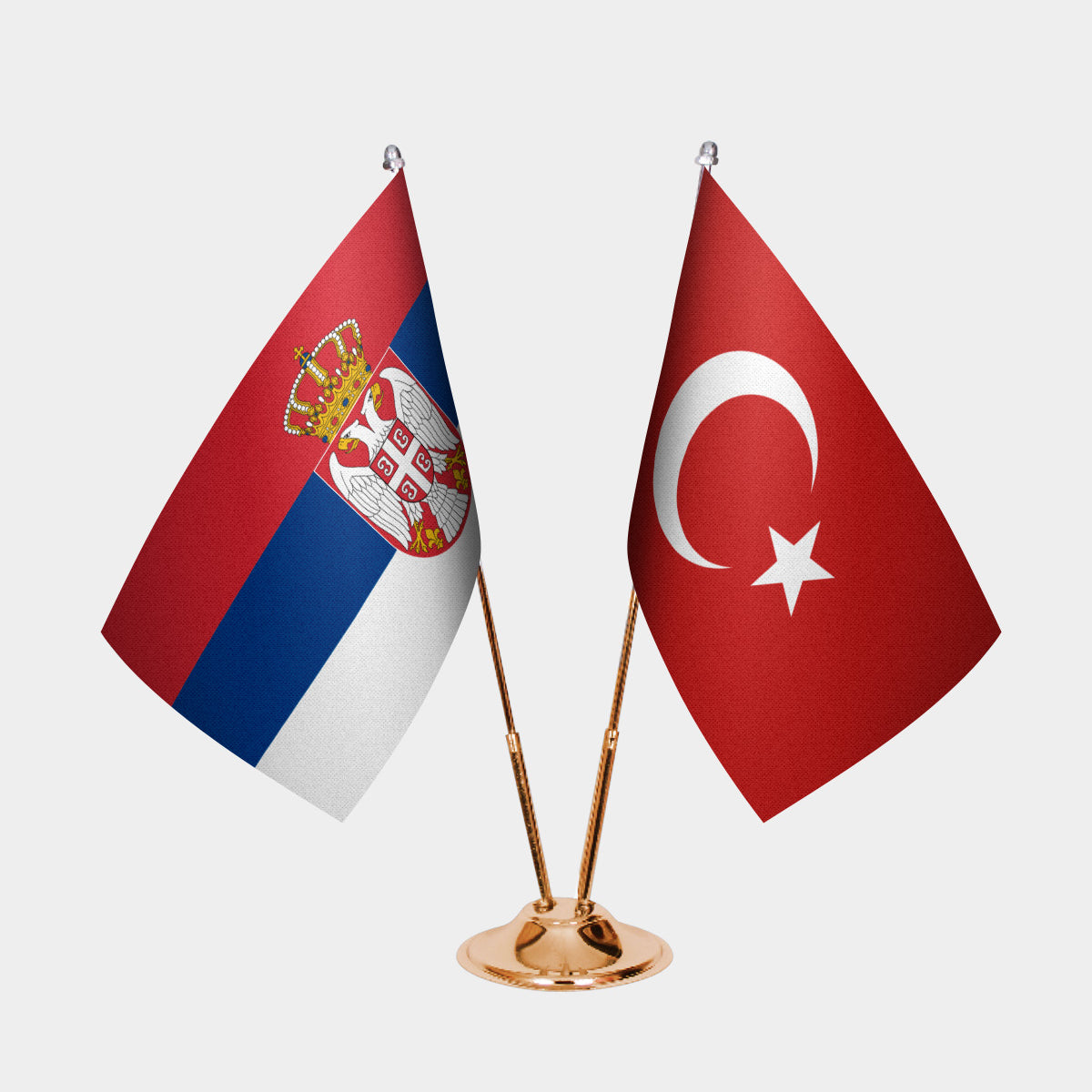 Serbia and Turkey desk flag set with gold pole and base