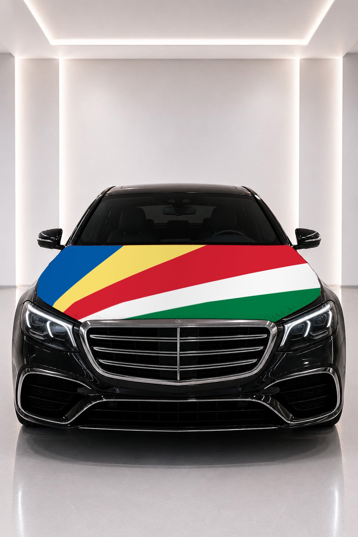 Seychelles flag car hood cover fitted on a black car bonnet