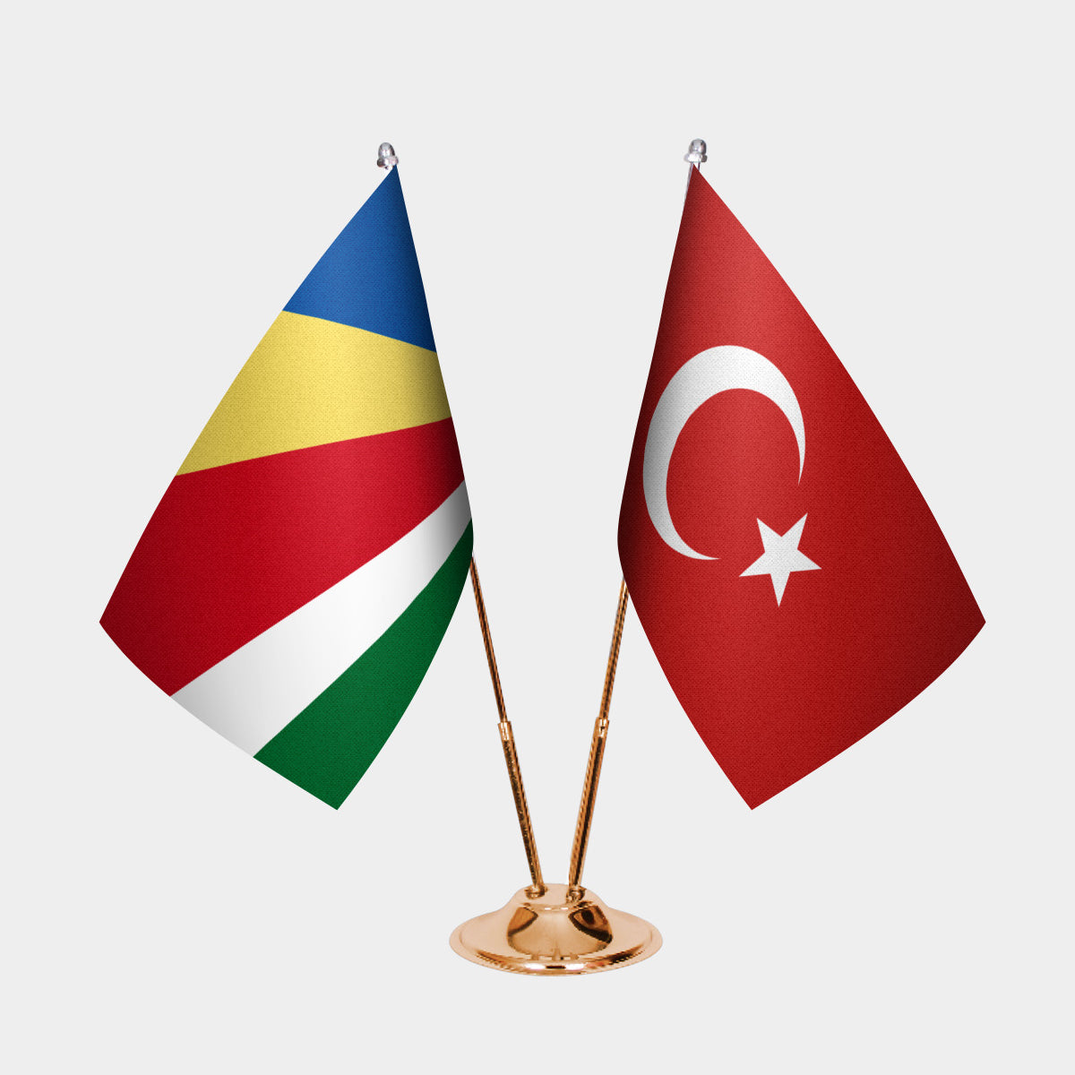 Seychelles and Turkey desk flag set with gold pole and base