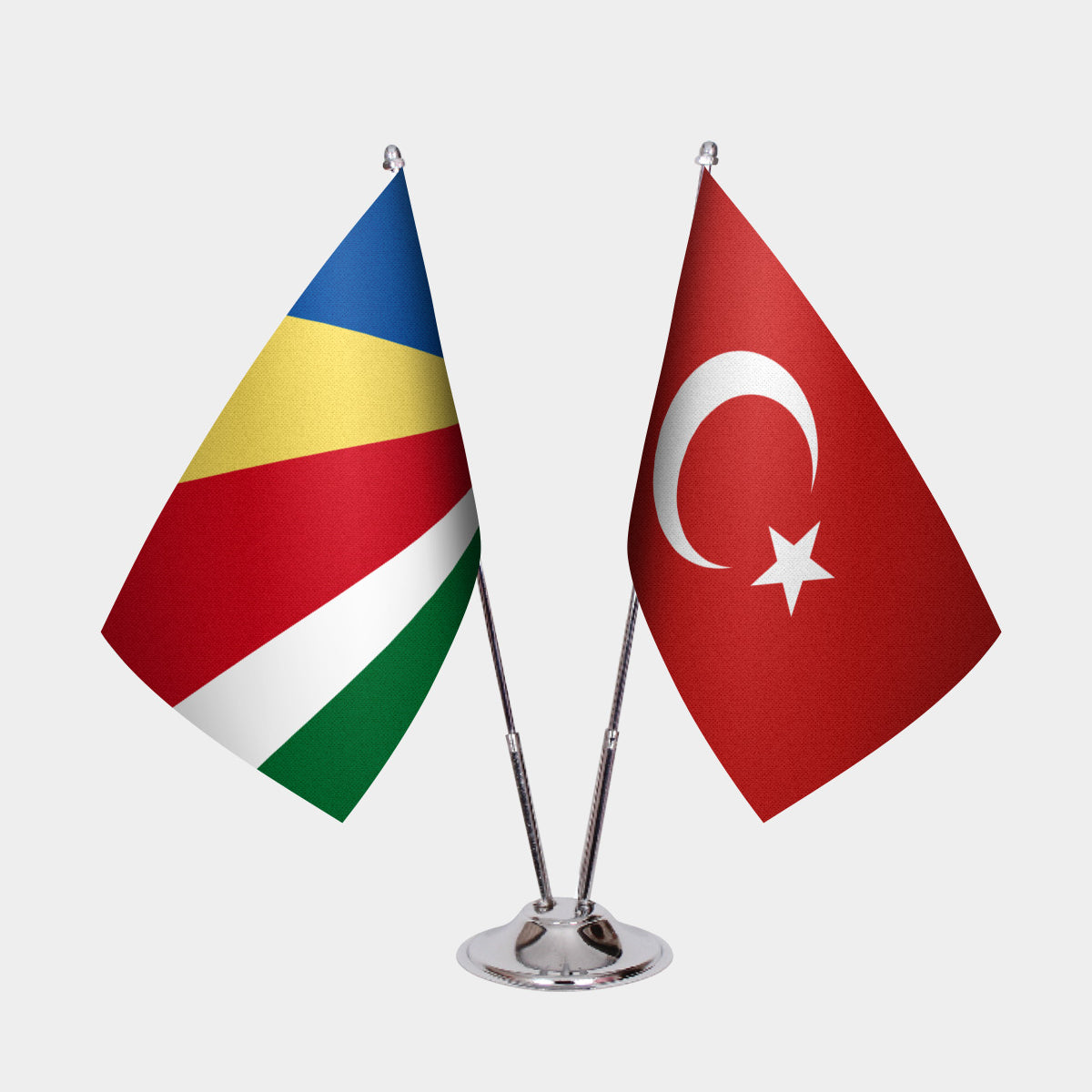 Seychelles and Turkey desk flag set with chrome pole and base