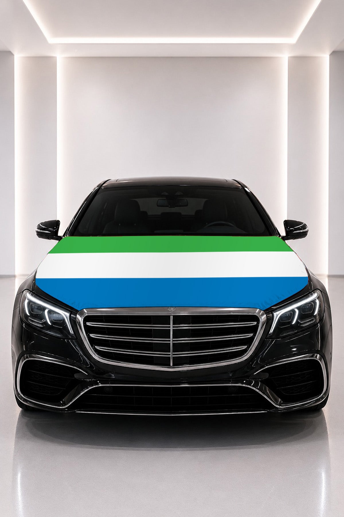 Sierra Leone flag car hood cover fitted on a black car bonnet