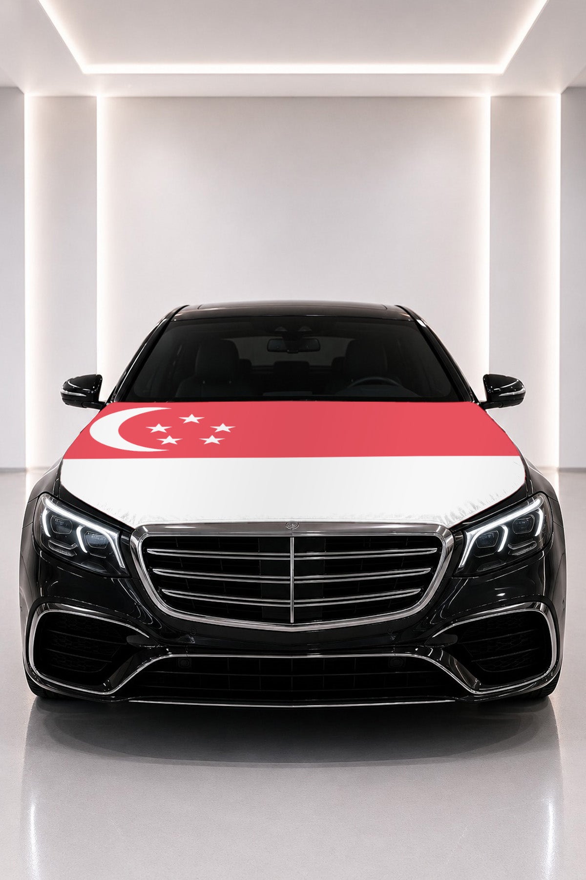 Singapore flag car hood cover fitted on a black car bonnet