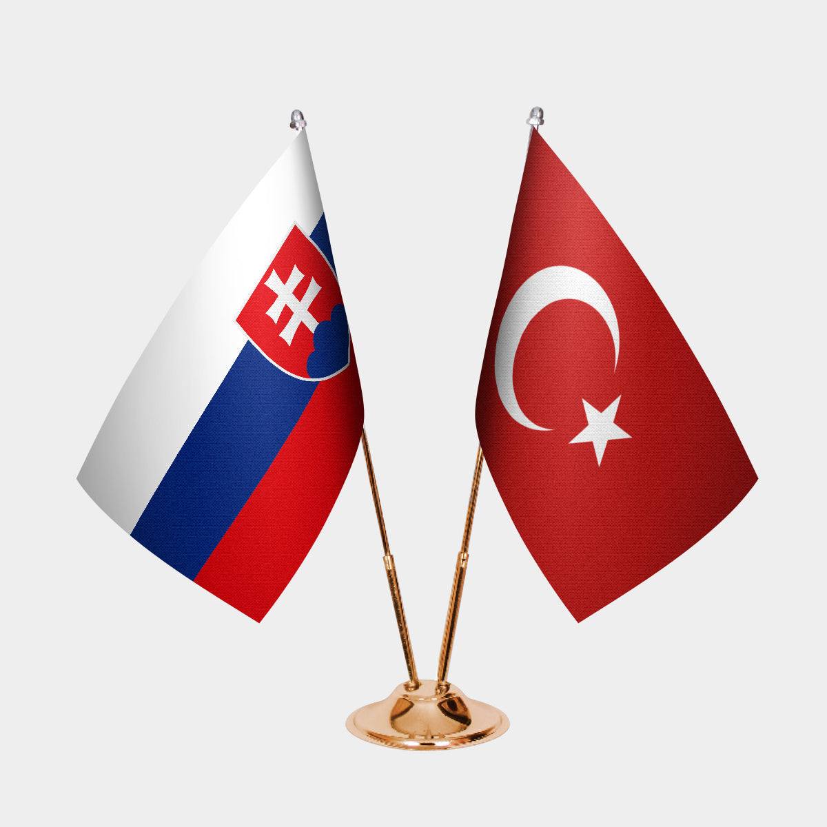 Slovakia and Turkey desk flag set with gold pole and base