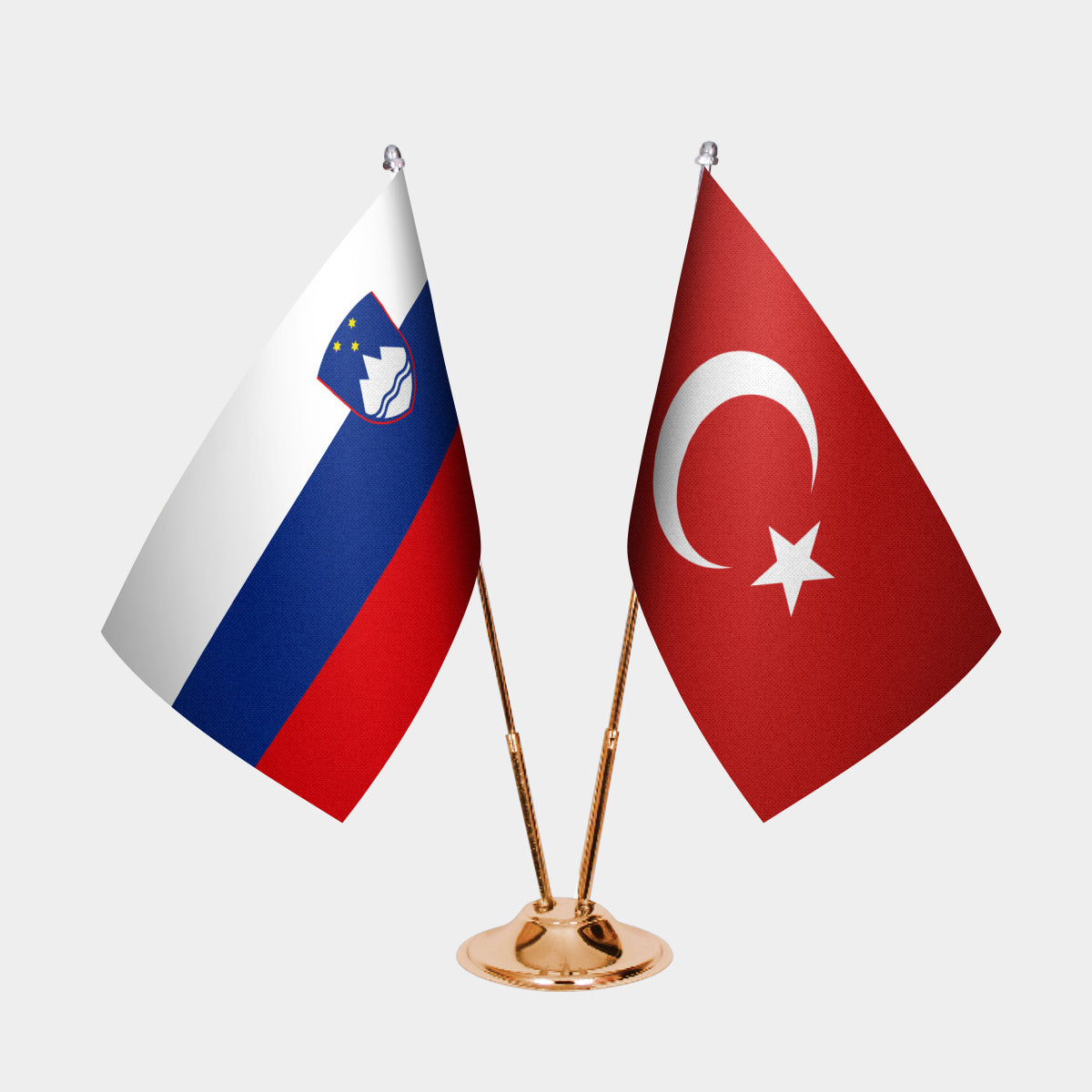 Slovenia and Turkey desk flag set with gold pole and base